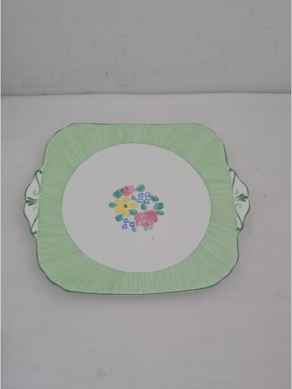 Vintage Foley English Bone China Green Floral Serving Cake Plate Handles